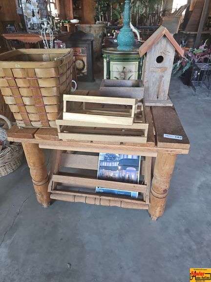Wooden Table Lot with Basket, Crates, Birdhouse, and More image