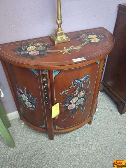 Painted Floral Half-Round Side Table Cabinet & Lamp image