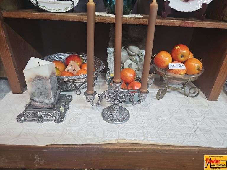 Decor Items: Candle Holders, Fruit, and Wall Art image