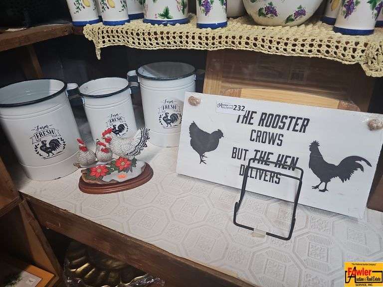 Farmhouse Kitchen Decor Lot - Bamboo Cutting Board, Farm Fresh Buckets, & Rooster Decor image