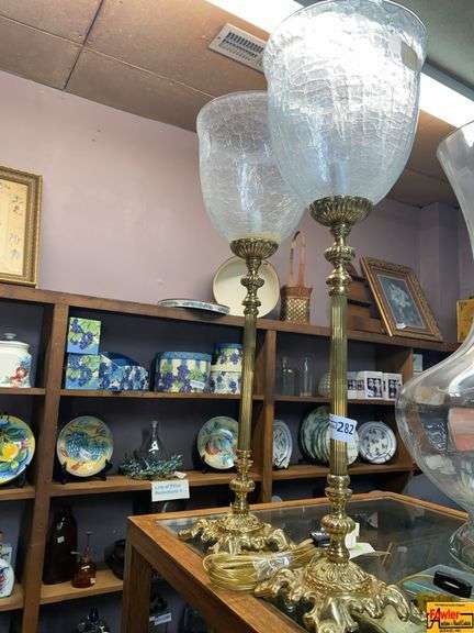 Pair of Brass and Glass Hurricane Lamps image