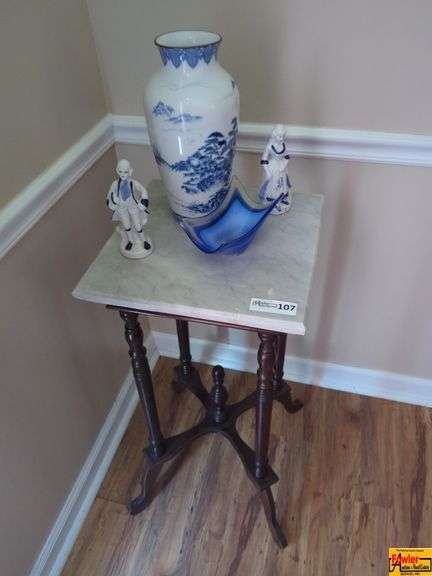 Marble Top Accent Table With Blue & White Porcelain Figures and Vase image