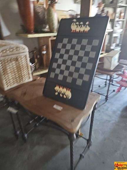 Whimsical Wooden Checkerboard on Metal Table image