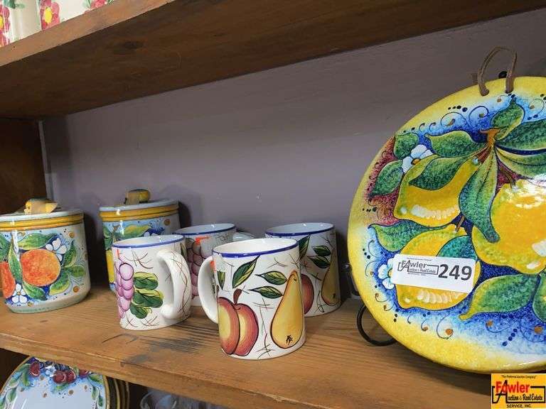 Hand-Painted Italian Ceramic Canisters, Mugs and Wall Plate Set image