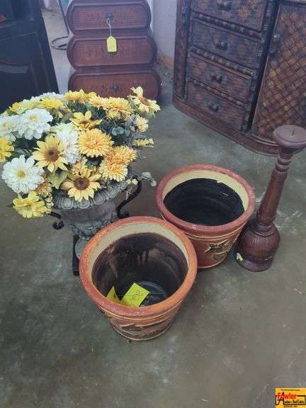 Flower Arrangement, Pots, and Wooden Candle Holder image