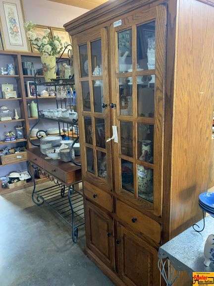 Oak Wood Hutch with Glass Doors and Bottom Storage (Contents Not Included) image