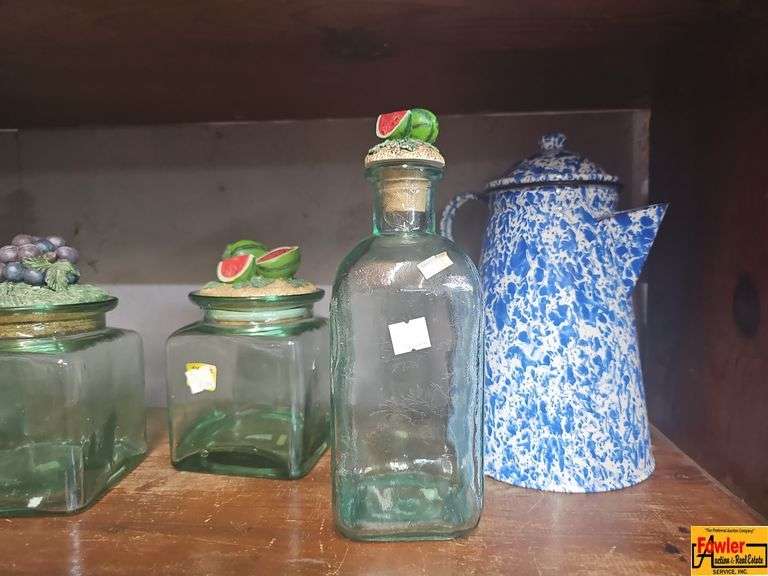 Shelf Decor with Pitchers, Jars, Plate, and Vase image
