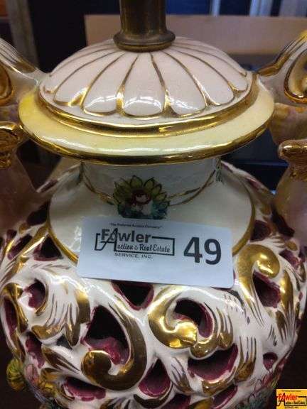 Two Ornate Vintage Porcelain Lamps with Shades image