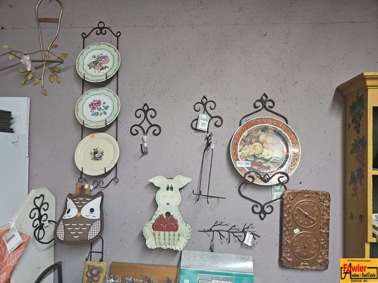 Assorted Home Decor Items: Plate Holders, Wall Hooks, and Decorations image