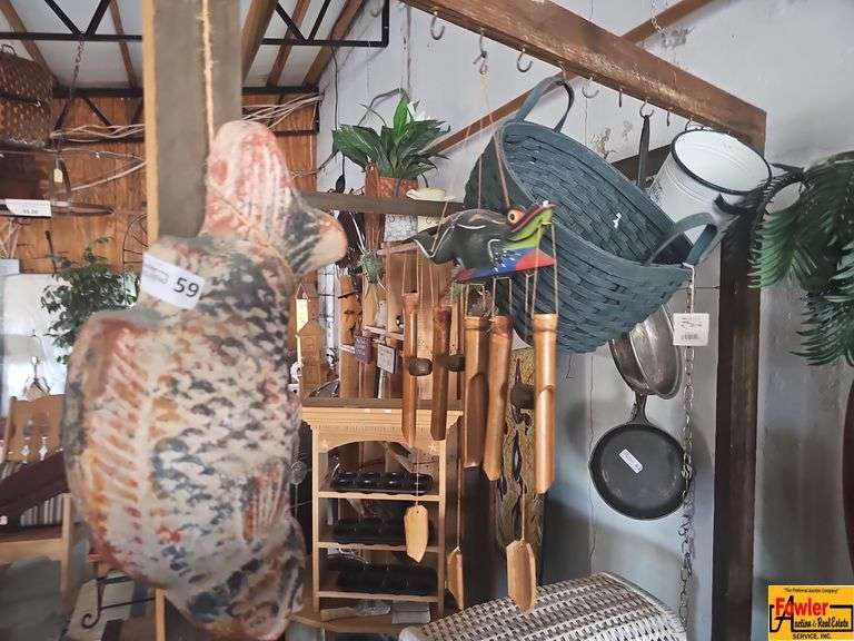 Decorative Lot: Carved Duck, Frog Wind Chimes, Basket, and Enamelware image