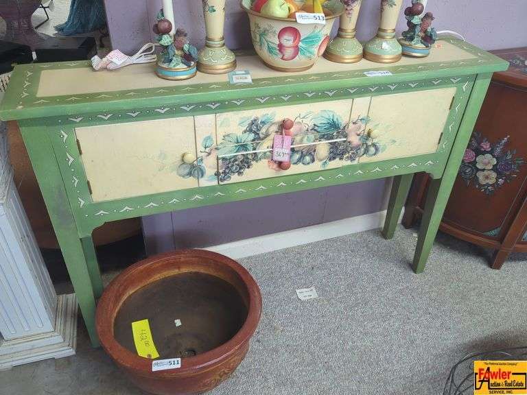 Painted Fruit Motif Side Table with Ceramic Planter (Contents on Top Not Included) image