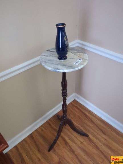 Marble Top Plant Stand With Cobal Blue Bud Vase image