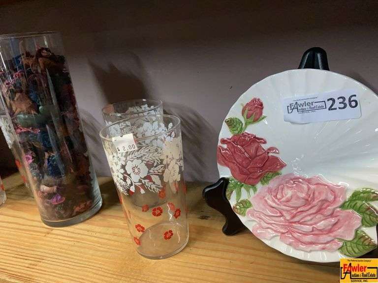 Floral Decorated Drinking Glasses, Embossed Rose Plate, and Tall Vase with Dried Flowers image
