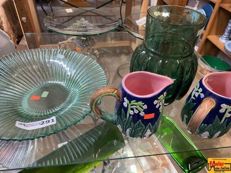 Green Glass Vase, Bowl, and Floral Pitcher Set image