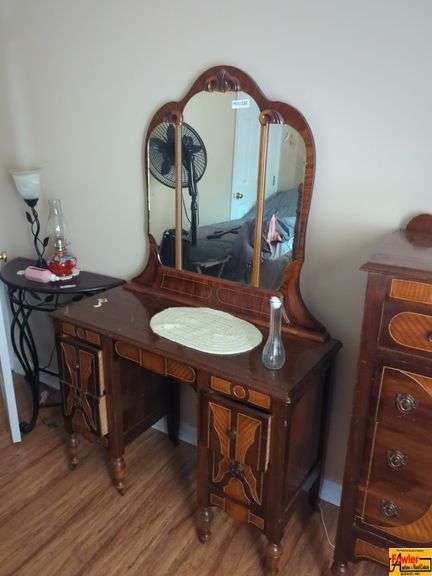 Bed, Vintage 2-Ton Chest Of Drawers & Vanity image