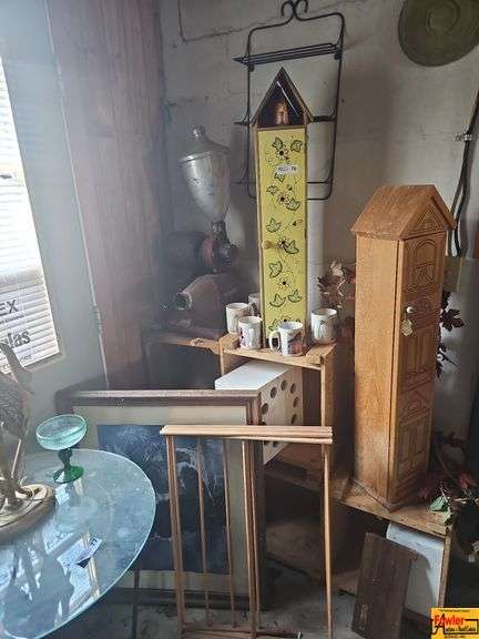 Painted Cabinet and Wood Carved Box Lot image