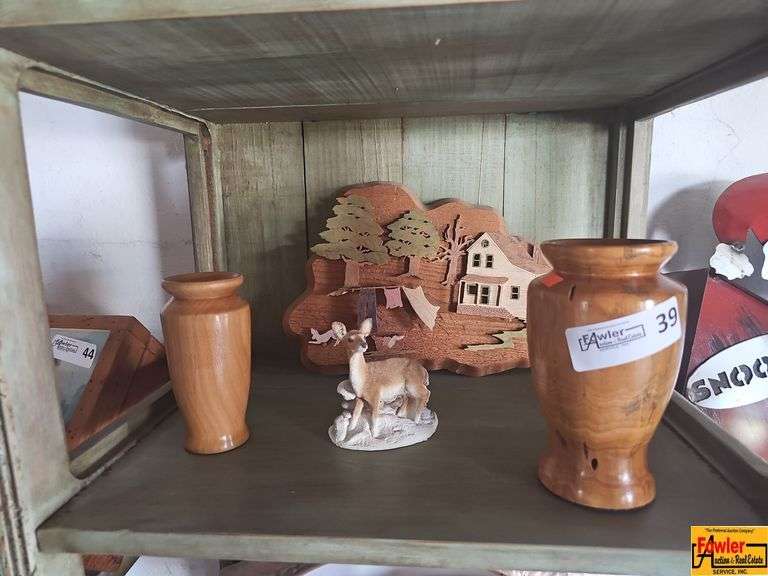 Wood Carved Scene, Vases and Deer Figurine image
