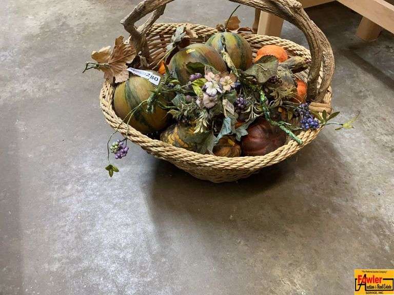 Decorative Harvest Basket with Pumpkins and Floral Accents image
