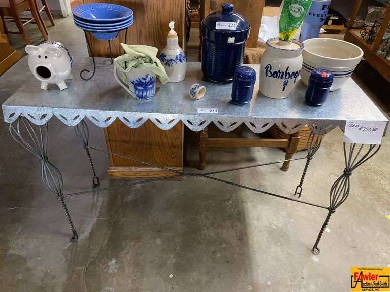 Unique Metal Top Table with Wrought Iron Legs (Contents Not Included) image