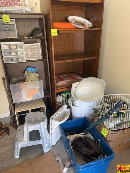 Bookshelves With Surrounding Contents:  step stool, totes, waste baskets, compartment organizers & more image