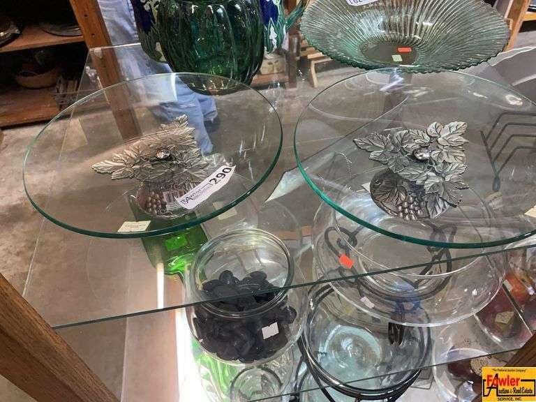 Pair of Glass Serving Platters with Grape Design Metal Pedestals image