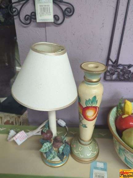 Home Decor Lot Including Fruit Bowl, Table Lamp, and Vases image