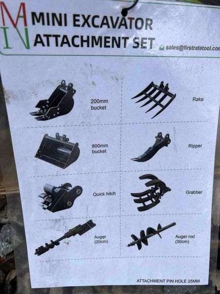 Mini Excavator Attachment Set - Attachment Pin Hole 25mm - 200mm Bucket - Rake - 800mm Bucket - Ripper - Quick Hitch - Grabber - Auger 20cm - Auger 30cm