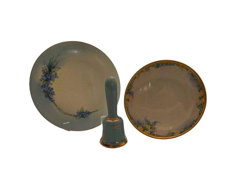 Vintage Hand Painted Bavarian Porcelain Plate 8 in. and Bowl 7 in. , Decorative Ceramic Bell without Clapper. Stand not included image