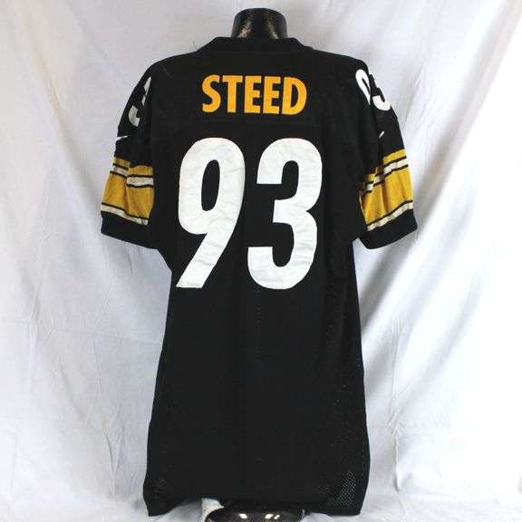 Pittsburgh Steelers #93 Joel Steed Game Used Home Jersey. Nike jersey used by defensive lineman Joel Steed. Jersey has a 1997 year tag. Jersey has several team repairs, scrapes, transfer, loose threads and other signs of wear. Steed made his only Pro Bowl in 1997. He played his entire eight year career for the black and gold.Each autographed and game-used item is personally authenticated by Pittsburgh Steelers Authentic Memorabilia. Each memorabilia item is affixed with an individually numbered, tamper-evident hologram or vinyl patch which can be verified online ensuring that this item is authentic and eliminating the possibility of fraud. image