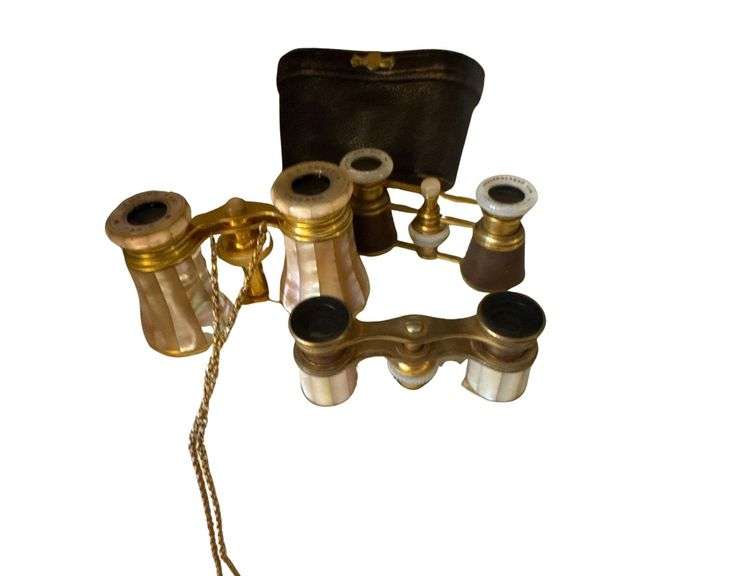 3 Pairs of Antique Opera Glasses - Mother of Pearl and Brass -  One w/ Case Marked C. D. Peacock Chicago image