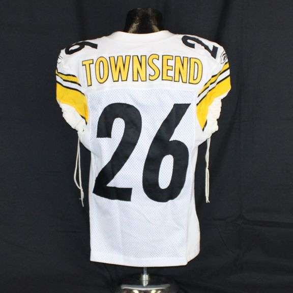 Pittsburgh Steelers #26 DeShea Townsend Game Used Away Jersey. Reebok away jersey used by cornerback DeShea Townsend. Jersey has a 2006 year tag and has loose threads and other signs of use. Reed is a two-time Super Bowl Champion (XL & XLIII) and played 12 of his 13-year NFL career in Pittsburgh. Each autographed and game-used item is personally authenticated by Pittsburgh Steelers Authentic Memorabilia. Each memorabilia item is affixed with an individually numbered, tamper-evident hologram or vinyl patch which can be verified online ensuring that this item is authentic and eliminating the possibility of fraud. image