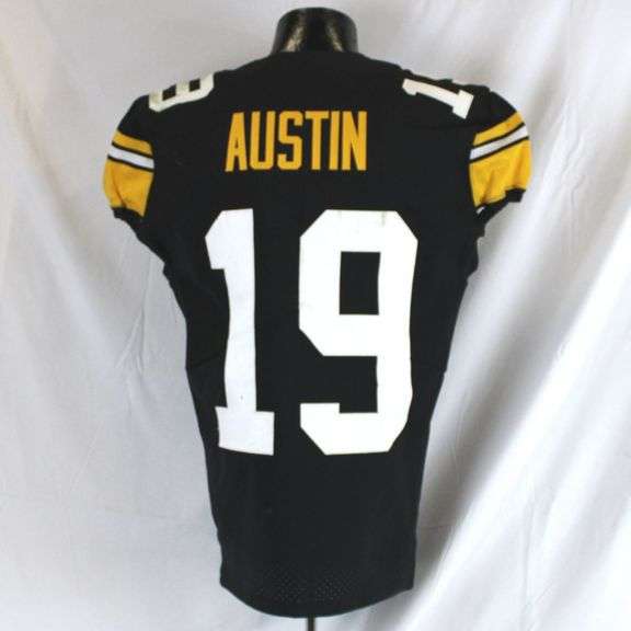 Pittsburgh Steelers #19 Calvin Austin Game Used Throwback Jersey. Nike Throwback unlaundered jersey used by wide receiver Calvin Austin during the November 12, 2023 game against the Green Bay Packers at Acrisure Stadium. Jersey has a 2020 year tag but also has the GW-23 tag installed by the equipment team indicating use in 2023. Jersey has grass and dirt stains, transfer, loose threads and other evidence of wear. Austin had nine yards of total offense in the game and two punt returns for 20 yards. Jersey comes with a Davious Sports photo match. Each autographed and game-used item is personally authenticated by Pittsburgh Steelers Authentic Memorabilia. Each memorabilia item is affixed with an individually numbered, tamper-evident hologram or vinyl patch which can be verified online ensuring that this item is authentic and eliminating the possibility of fraud. image