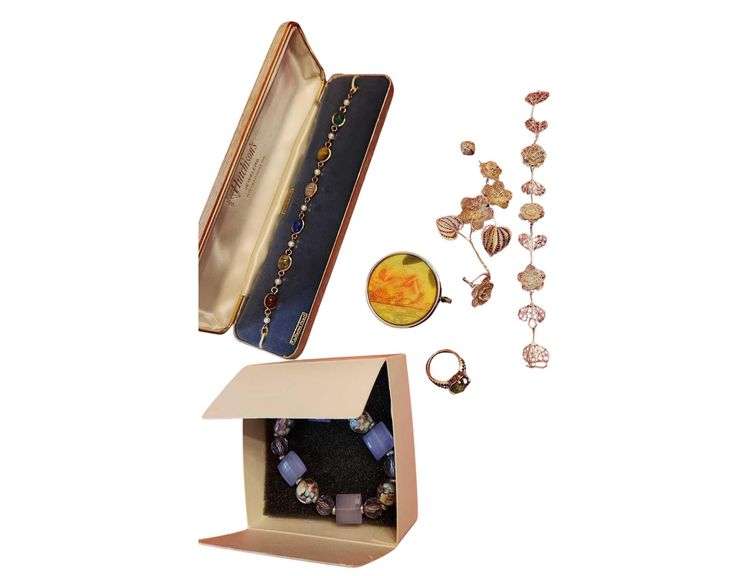 12 K Filled Scarib Bracelet with Cultured Pearls - Lia Sophia Bracelet and Ring - Mesh Floral Brooch and Bracelet - Pill Box