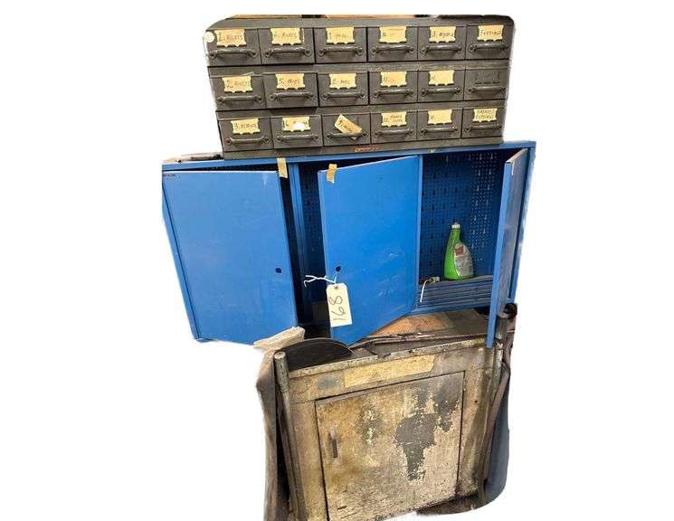 3 Cabinets and Contents - Base Cabinet Has Some C-Clamps and Misc. - 3 Door Blue Hardware/Tool Cabinet w/ Adjustable Drawers - 18 Drawer Machine Parts Cabinet image