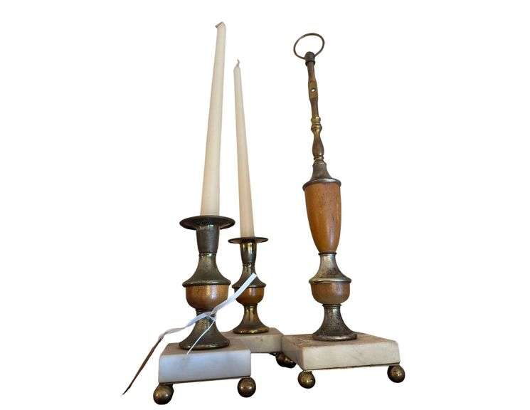 Mid Century Brass and Wood Candle Holders with Marble Bases image