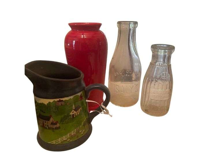 Stone Ware Picter Fiesta Ware 8.5 Inch Vase and 2 Milk Bottles image