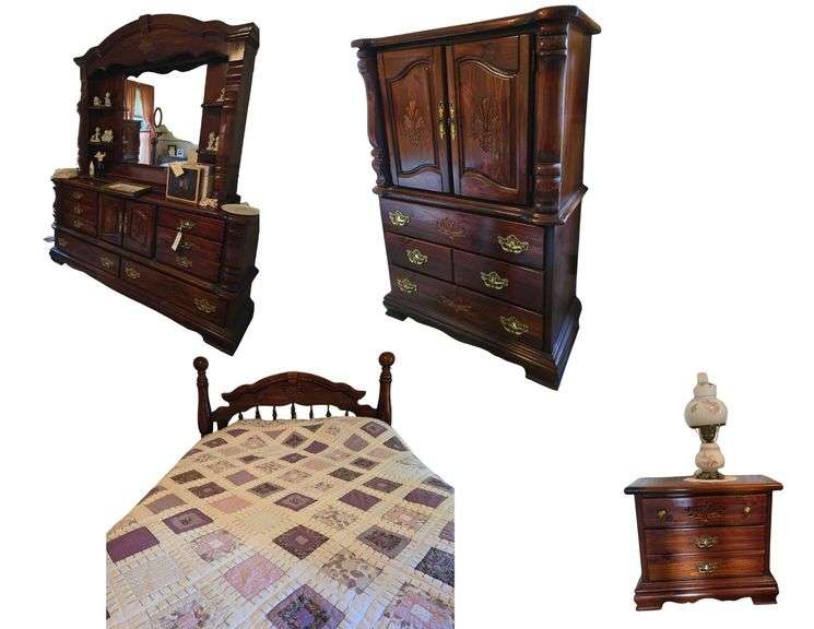Colonial Style Bedroom Set. Contents and Bedding NOT INCLUDED. Dresser 72 in. W x 20 in. D x 76 in. H. Chest of Drawers 40 in. W x 19 in. D x 59 in. H. Night Stand 28 in.W x 15 in.D x 24 in. H. Queen Size Bed image