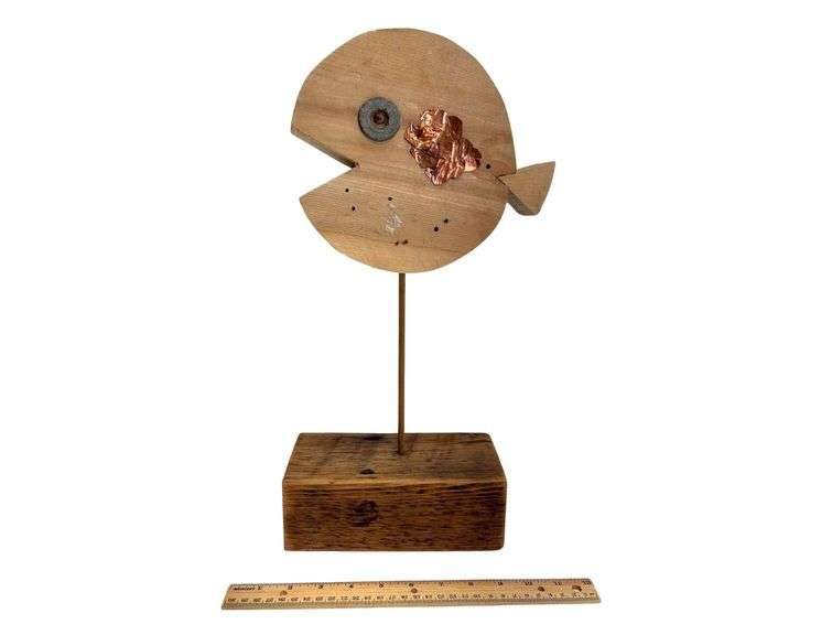 Unfinished Wooden Fish Sculpture w/ Copper Scales - 19" Tall