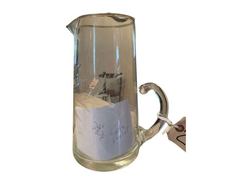 A 9 Inch Tall Etched Glass Pitcher Half Handle bh Gene Lealat image