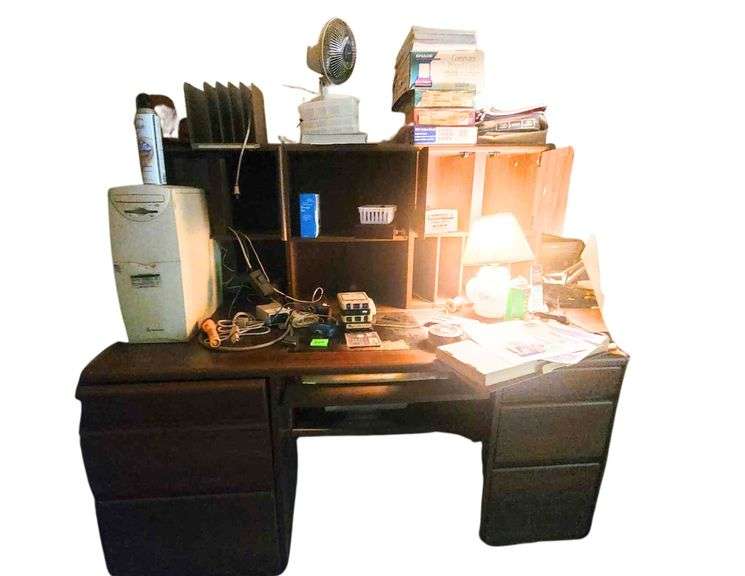 4' Desk Contents Included - Computer- Lamp - Fan - Paper image