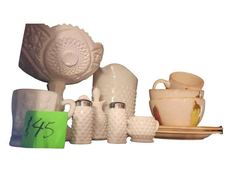 Milk Glass Serving Pieces- Royal Norfolk mug, Soup Bowls, Plates image