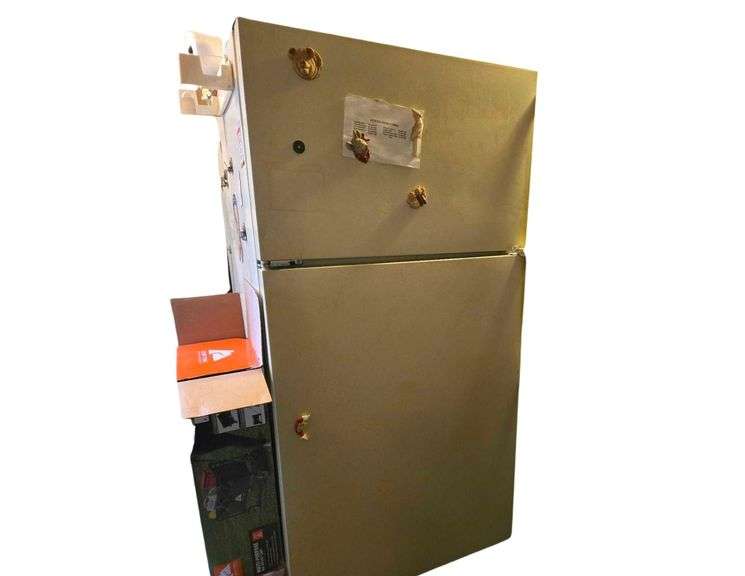 Amana Refrigerator 32.5" L x 32" D x 67" H. Beige Color. Still Works. Must Bring Proper Manpower for Removal. Contents NOT Included image