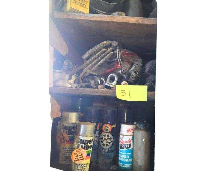 Contents On Left Side Of Shelf Including Spray Paint image