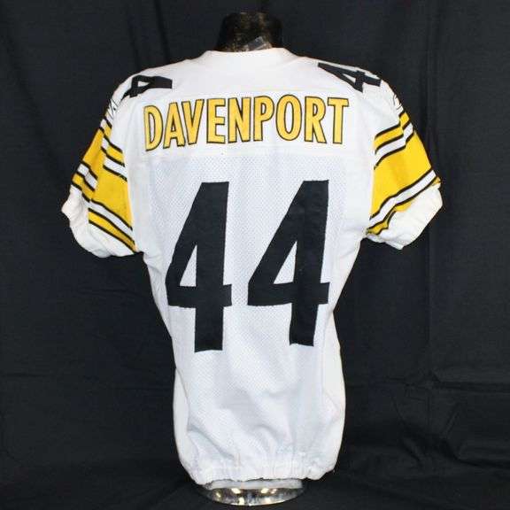 Pittsburgh Steelers #44 Najeh Davenport Game Used Away Jersey. Reebok away jersey used by running back Najeh Davenport. Jersey has a 2007 year tag and features the Steelers 75th Anniversary patch. Jersey has several team repairs, loose threads, transfer and other signs of wear. Davenport played two plus seasons for the Steelers and had his best season overall in 2007 rushing for 499 yards and 5 touchdowns. He also caught 18 passes for 184 yards and scored twice. Each autographed and game-used item is personally authenticated by Pittsburgh Steelers Authentic Memorabilia. Each memorabilia item is affixed with an individually numbered, tamper-evident hologram or vinyl patch which can be verified online ensuring that this item is authentic and eliminating the possibility of fraud. image