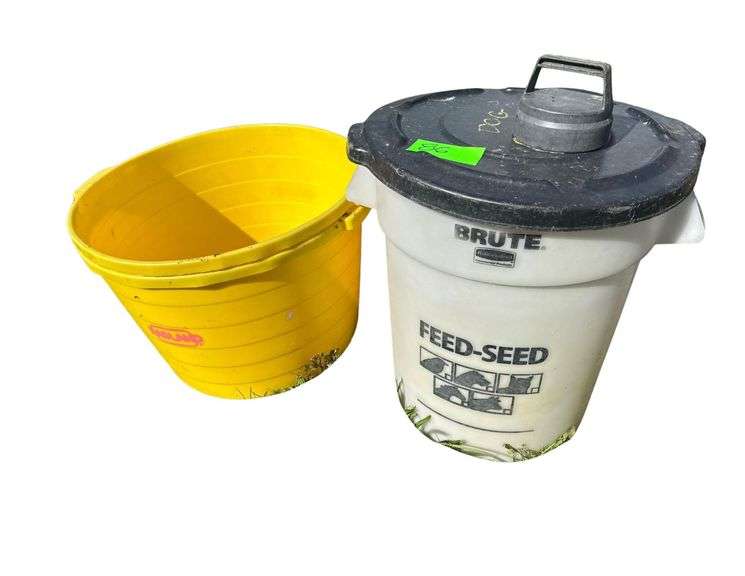 Brute Feed and Seed Bucket w/Lid and 2 Yellow Keg Tubs image