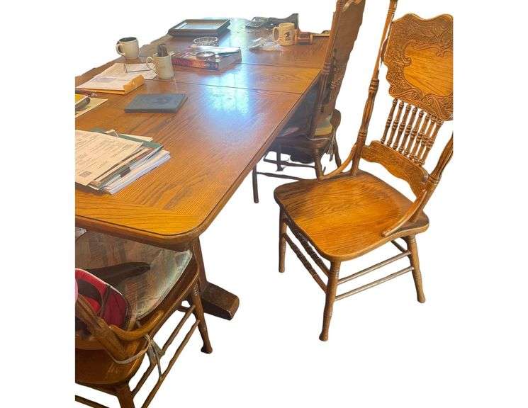 Vintage Oak Table 70x42x30 Inches and 2 Extension's 12 Inches Wide with 6 Pressed Chairs image