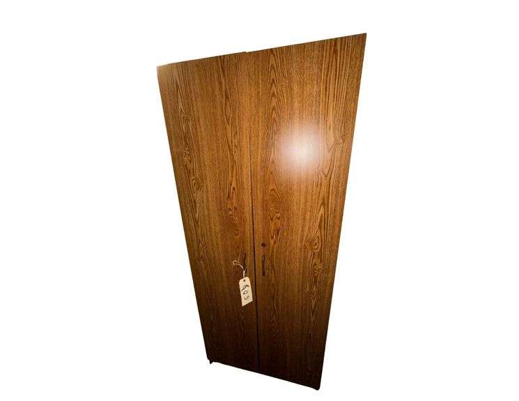 Wooden Storage Closet. Approx 30" x 15" x 72" Contents Included - Crock Pot, Glass Serving Pieces, Plates, Glasses image