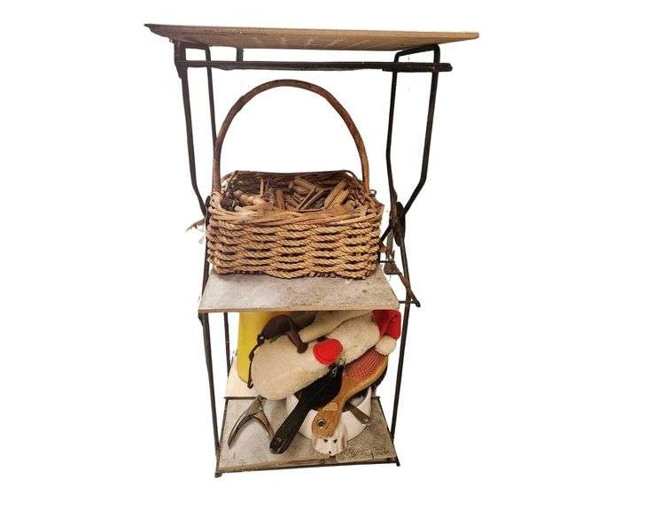 3 Tier Metal Stand, 12 x 12 x 28 - Shelf of doggie items - Basket of Clothes Pins image