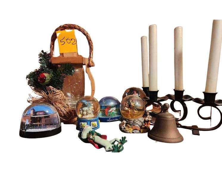 Mason Jar Lantern - Snow Globes - Brass Bell - Duel Candle Holders - Geico gecko image