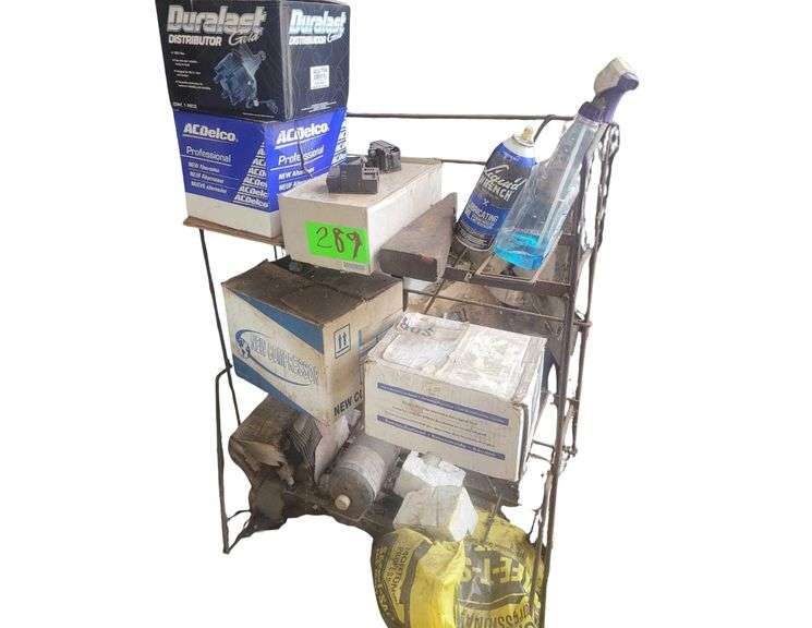 30"x24"x12" Wire Batter Display Shelf With Various Automotive Accessories - Alternator - Distributor - Compressor image